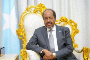 Hassan Sheikh after meeting Aran Jaan from Puntland in Mogadishu Somalia