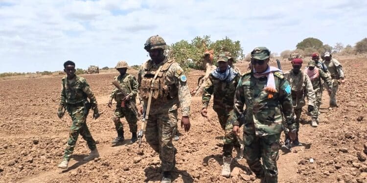 AUSSOM and Somali National Army troops walking through farmland during an operation in Lower Shabelle southern Somalia