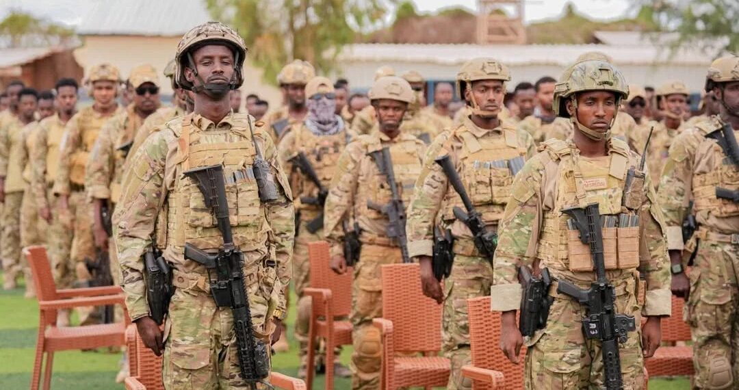 Somali National Army recruits on parade; commanders say the SNA brigade at Teedaan was starved of ammunition