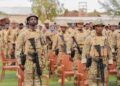 Somali National Army recruits on parade; commanders say the SNA brigade at Teedaan was starved of ammunition