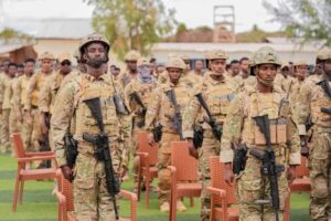Somali National Army recruits on parade; commanders say the SNA brigade at Teedaan was starved of ammunition