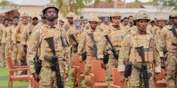 Somali National Army recruits on parade; commanders say the SNA brigade at Teedaan was starved of ammunition
