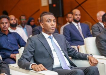 Prime Minister Hamza Abdi Barre at the 2025 economic report presentation in Mogadishu.