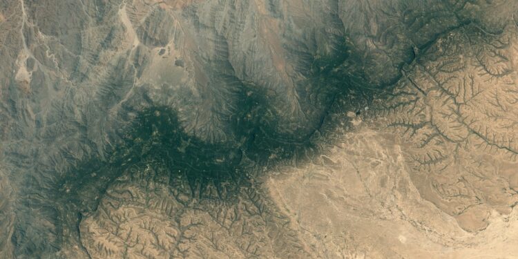 Satellite view of the Cal Madow mountain range containing Markad in northern Somalia.